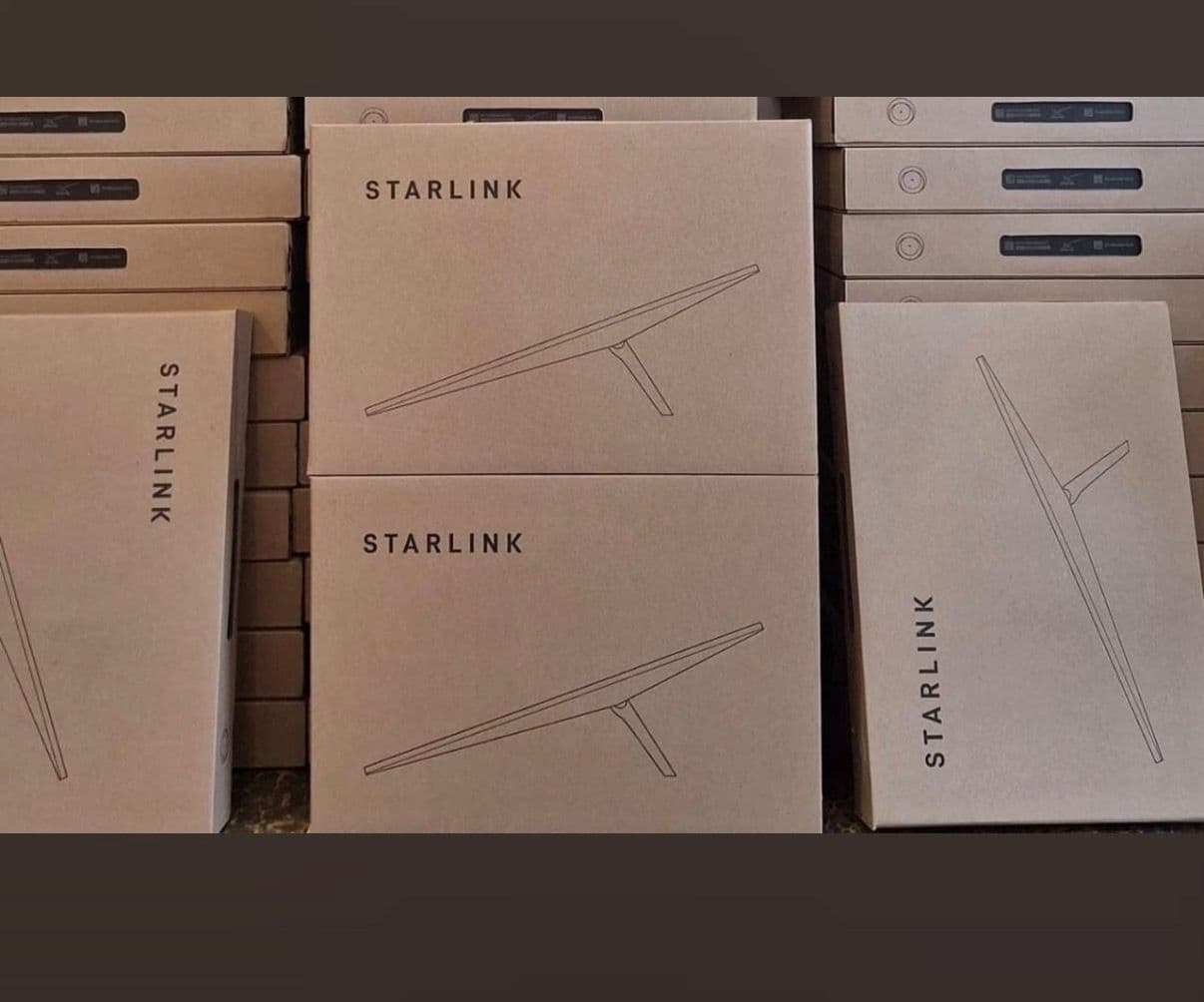 Starlink kit boxes stacked in stock